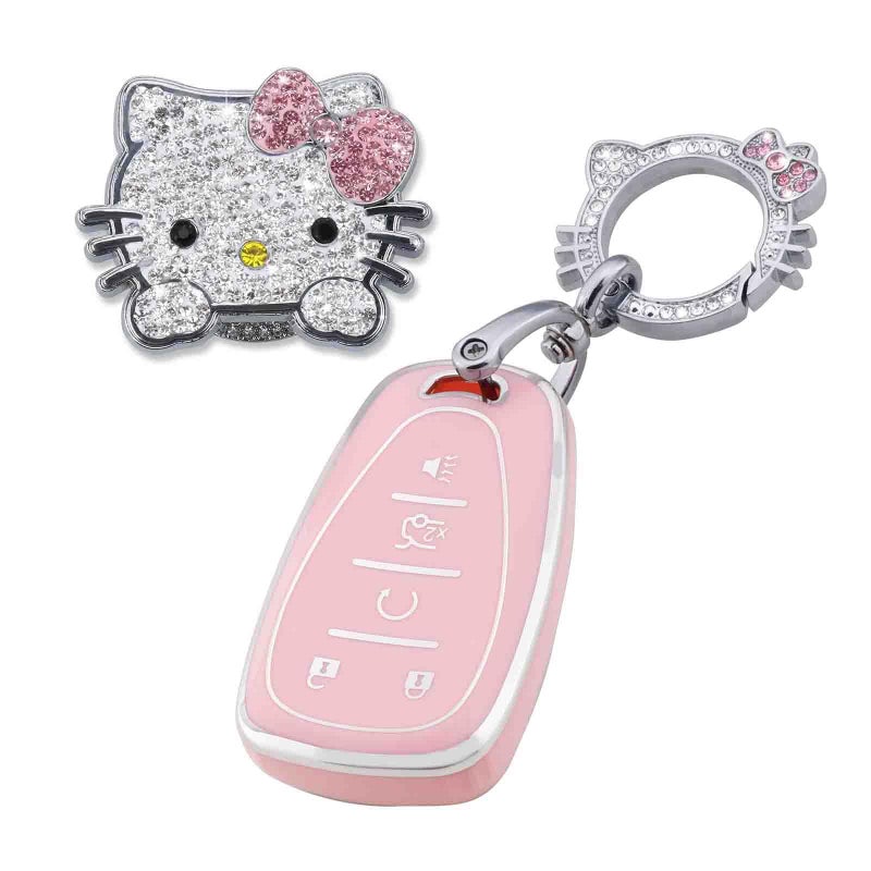 Pangpai Pink Car Accessories 3 Pcs for 5 Buttons Chevy Chevrolet Equinox Malibu Camaro Traverse Key Fob Cover with Bling Keychain Cute Push to Start Button Cover - Image 1